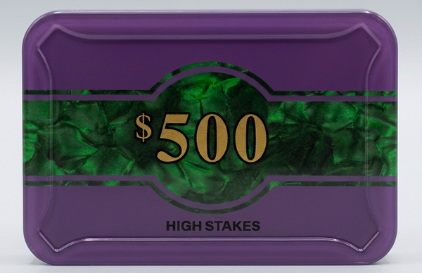 A purple rectangular high-stakes gaming chip tin with rounded corners, featuring a green marbled center band with gold text reading '$500' and 'HIGH STAKES' in black below.