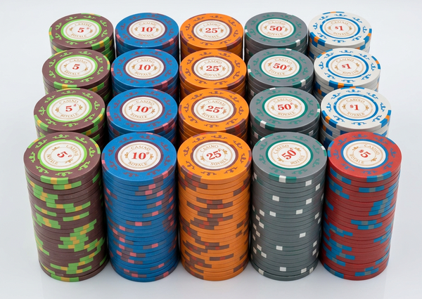 A set of casino-style poker chips arranged in neat stacks on a clean white background. The chips come in multiple colors including blue, orange, green, red, gray, and brown, with different denomination markings from 5 to 500.