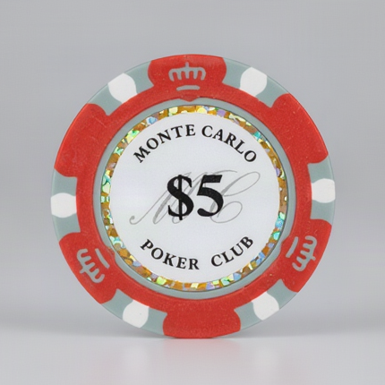 $5 Red Grey Monte Carlo Smooth 14 Gram Poker Chips