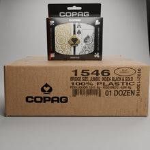 A large brown cardboard box of Copag 1546 Bridge Size Jumbo Index-Black & Gold plastic cards, with a single retail pack of Ace of Spades cards standing on top, against a plain white background.