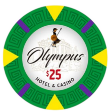 Set of Olympus Hotel & Casino poker chips in various denominations on a white background