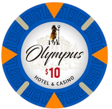 Set of Olympus Hotel & Casino poker chips in various denominations on a white background
