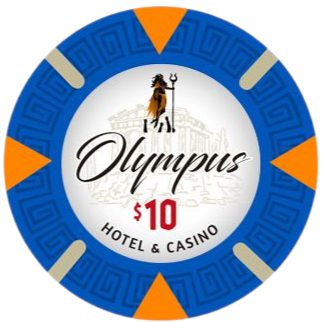Set of Olympus Hotel & Casino poker chips in various denominations on a white background