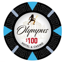 Set of Olympus Hotel & Casino poker chips in various denominations on a white background