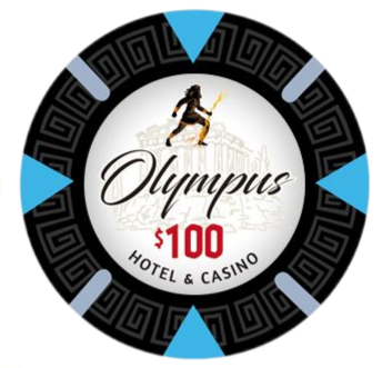 Set of Olympus Hotel & Casino poker chips in various denominations on a white background