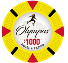 Set of Olympus Hotel & Casino poker chips in various denominations on a white background