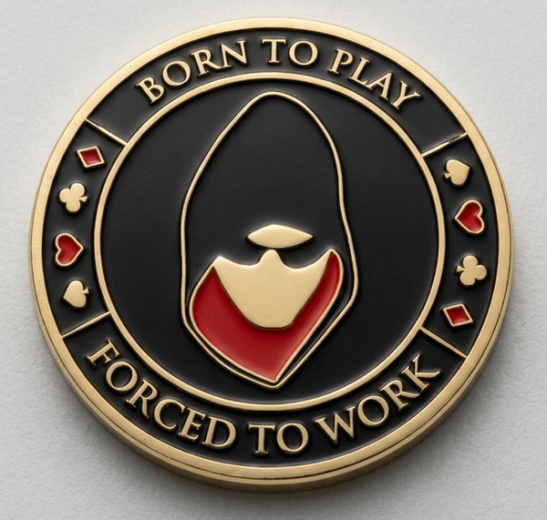 A circular enamel challenge coin featuring a black-suited joker design with the text 'BORN TO PLAY' and 'FORCED TO WORK', displayed inside a clear protective plastic capsule on a neutral gray background.