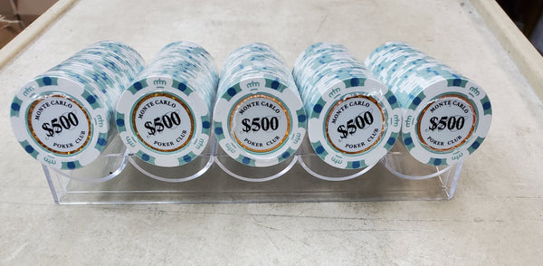 $500 White Blue Monte Carlo Smooth 14 Gram Poker Chips