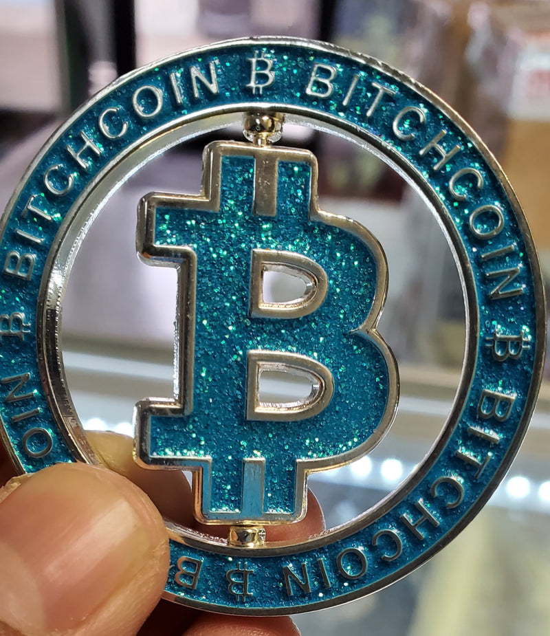 Bitcoin BITCHCOIN Spinner Sparkle Blue Poker Card Guard