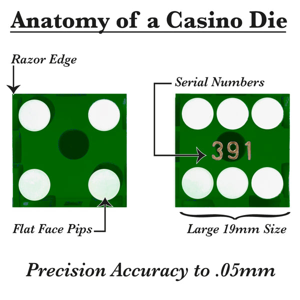 Green 19MM Precision Razor Edge Serialized Set of 5 Casino Craps Dice