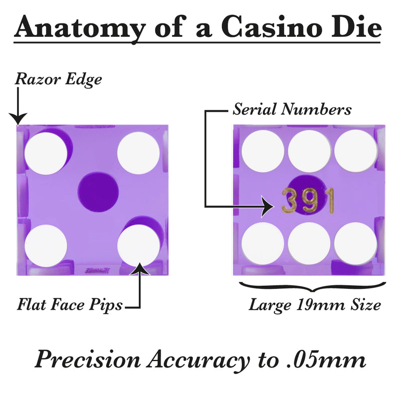 Purple 19MM Precision Razor Edge Serialized Set of 5 Casino Craps Dice