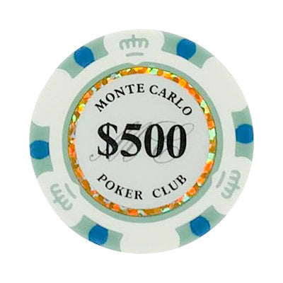 $500 White Blue Monte Carlo Smooth 14 Gram Poker Chips