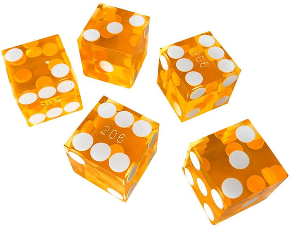 Yellow 19MM Precision Razor Edge Serialized Set of 5 Casino Craps Dice