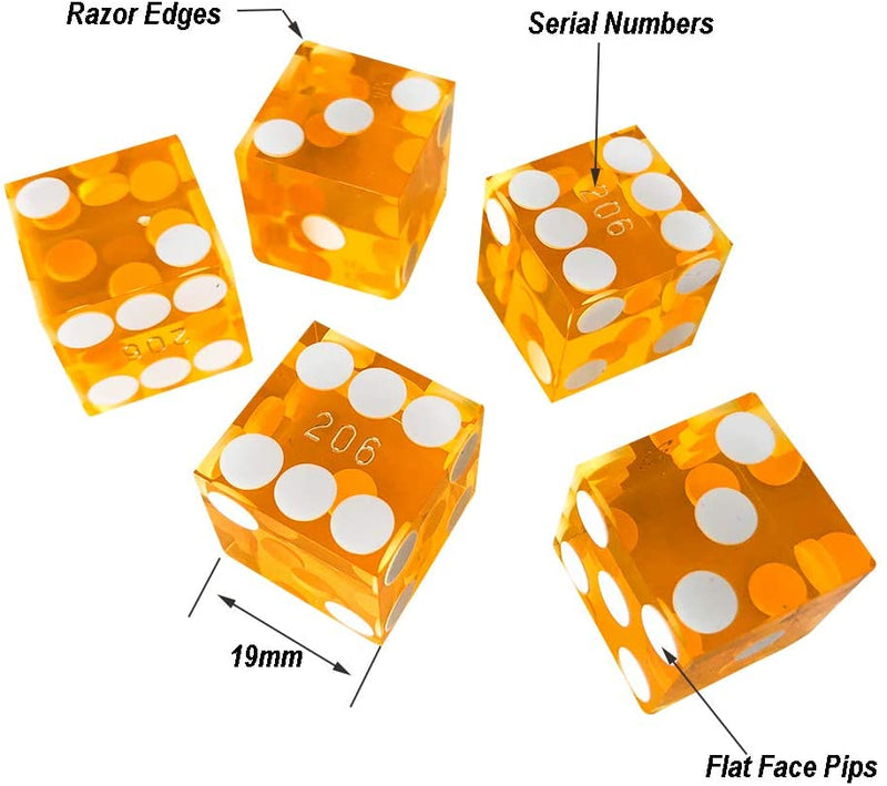 CLEARANCE 5 Sets Yellow 19MM Precision Razor Edge Serialized Casino Craps Dice Total 25 PCS