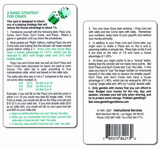 Craps Strategy Card -6 Qty